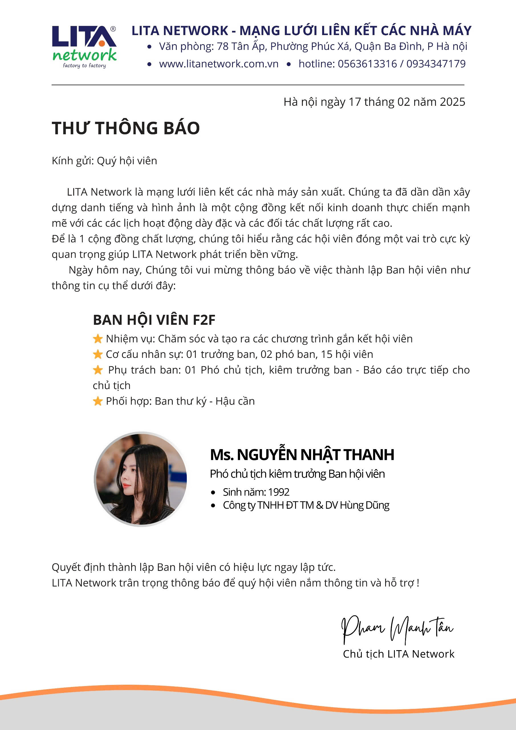 THÔNG BÁO THÀNH LẬP BAN HỘI VIÊN LITA NETWORK F2F